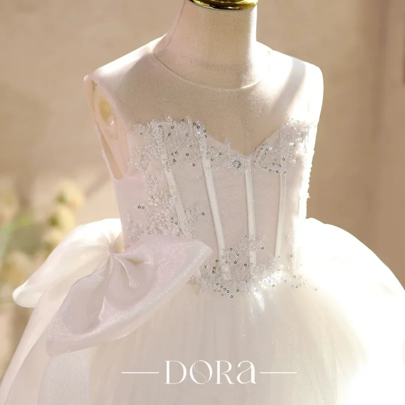 Bodenlanges Blumenmädchenkleid aus Tüll mit Spitze und Schleife, Prinzessinnenkleid für Hochzeit, Party, Geburtstag, Festzug, formelle Kleider für Mädchen A5086 – Detail 7