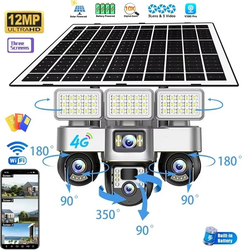 

New V380 Led Light Solar Outdoor 4g 3lens 3PTZ CCTV Ai Tracking Night Vision Wireless Security Alarm Audio