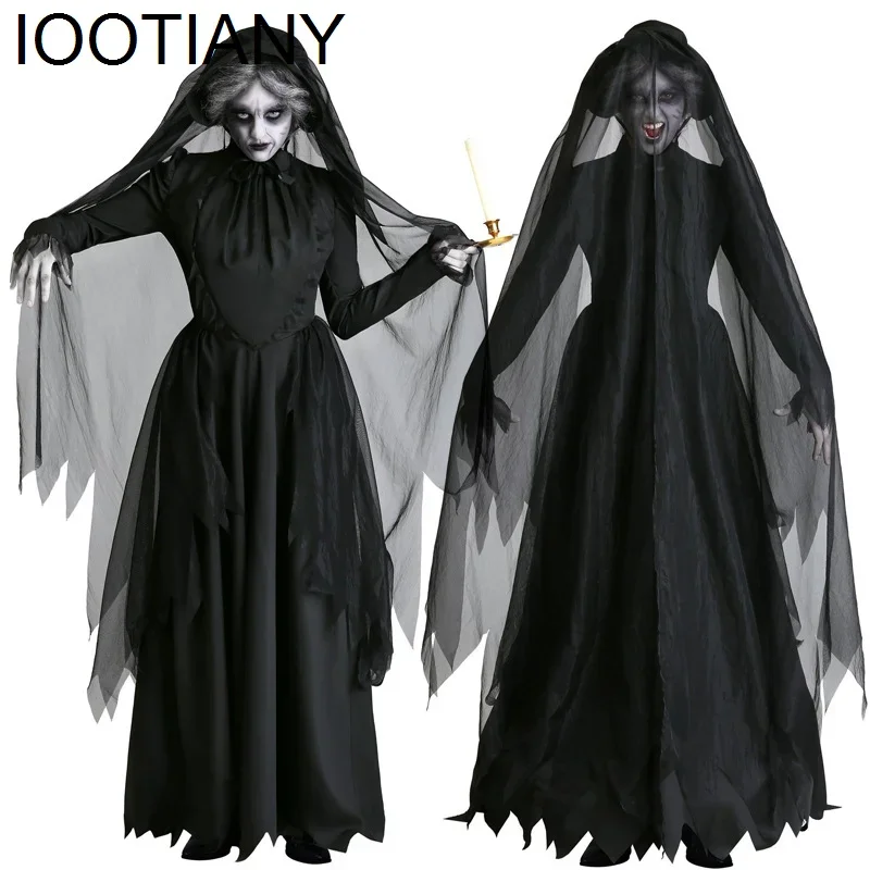 Horror Cosplay Witch Women Scary Zombie Vampire Halloween Carnival Costume Spooky Ghost Medieval Hooded Cape Day of The Dead