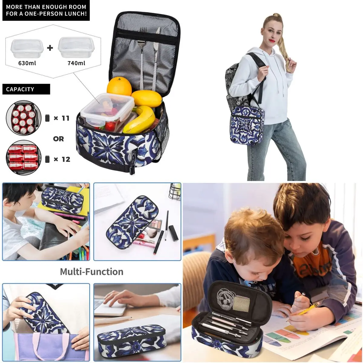 Blu ornato floreale mediterraneo siciliano piastrelle zaini Bookbag studenti borse da scuola zaino pranzo borsa penna Set tre pezzi