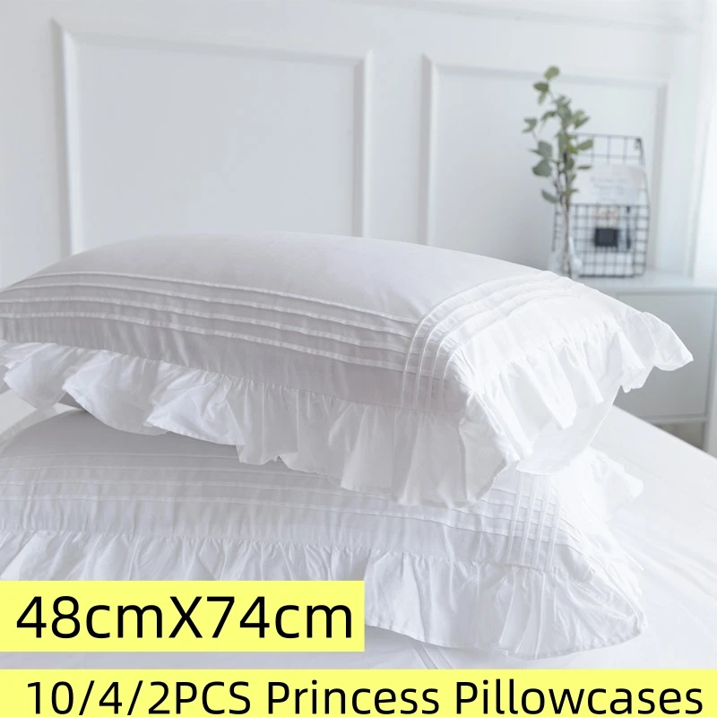 Mcao Elegant Princess Pillowcases Edge Ruffled White Bedding Cotton Plain Pillow Cover Vintage Pillow cases For Adults Kis