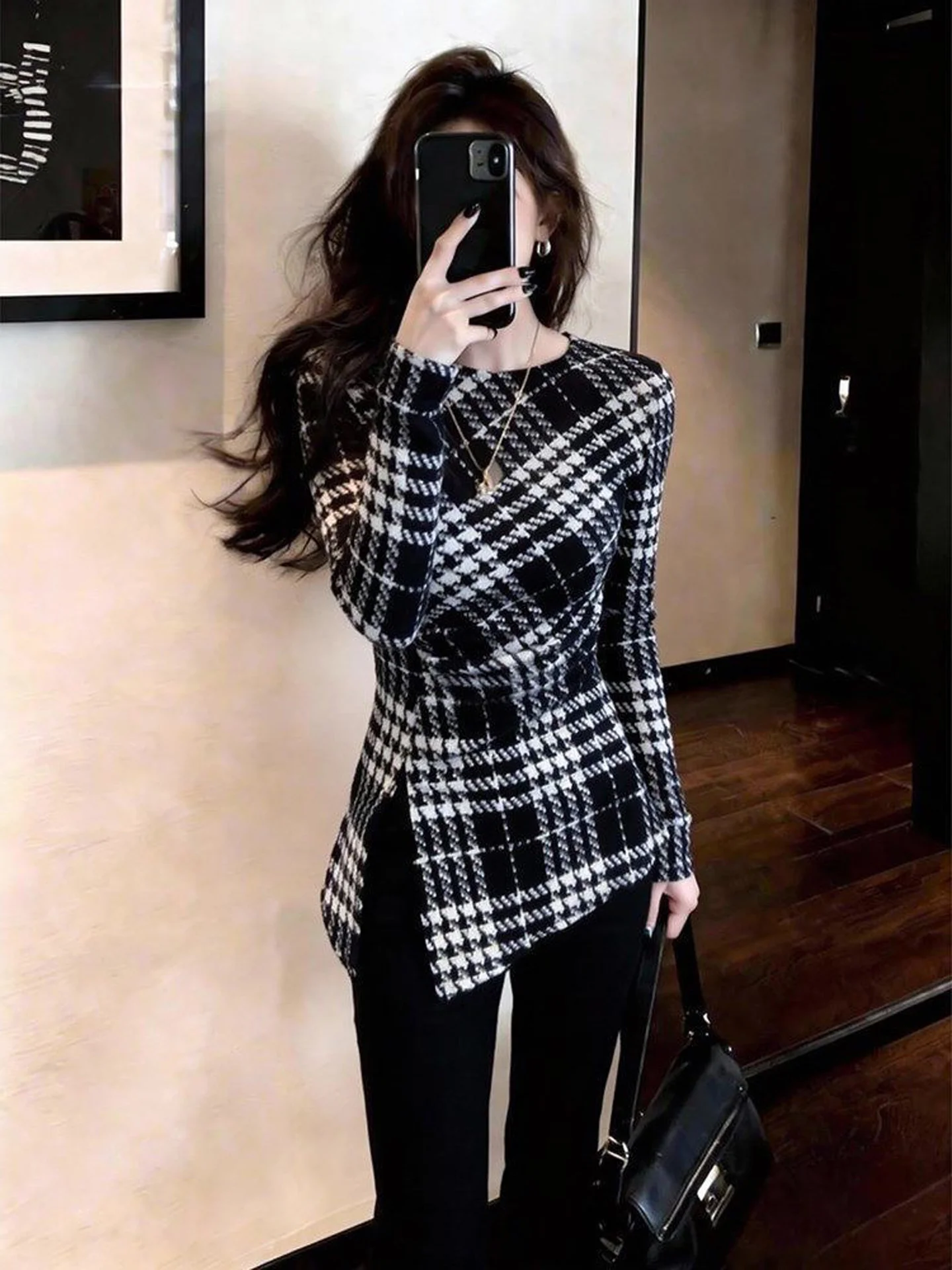 Retro Stylish Plaid Waist-Cinching Long Sleeve round Neck Women's Top Autumn New Split Slimming Design Korean Style T-shirt