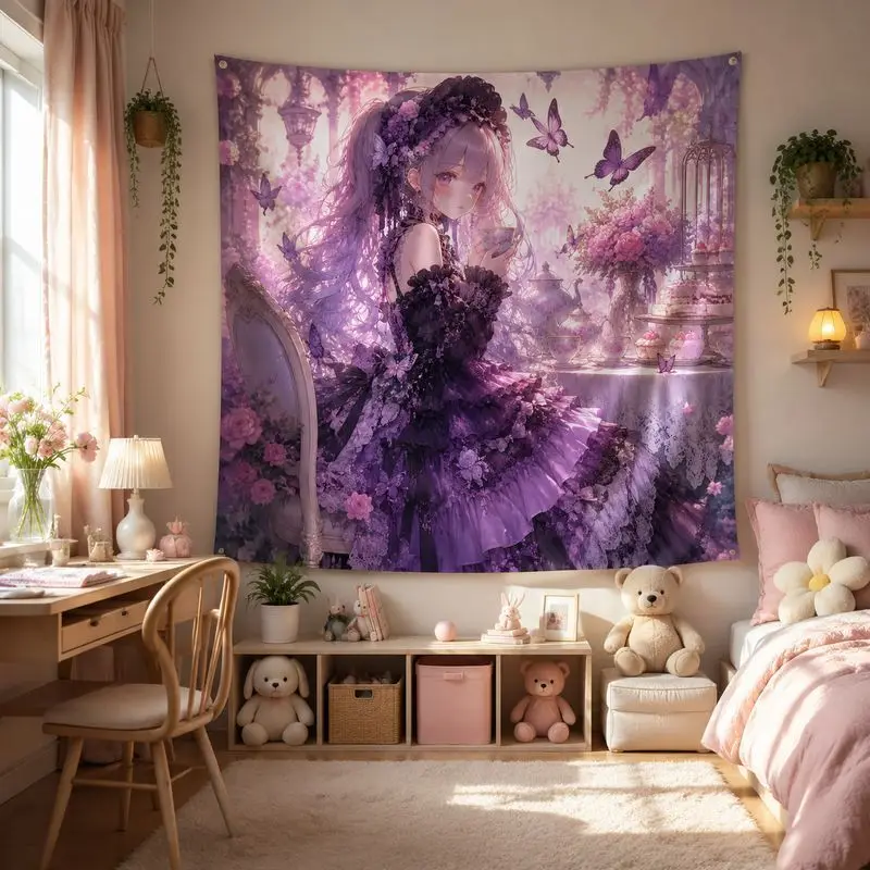 VIKAMA Halloween Cat Maid Anime Tapestry, Galaxy Moon Wall Hanging, Kawaii Spooky Blanket for Bedroom Dorm Party Home Decor