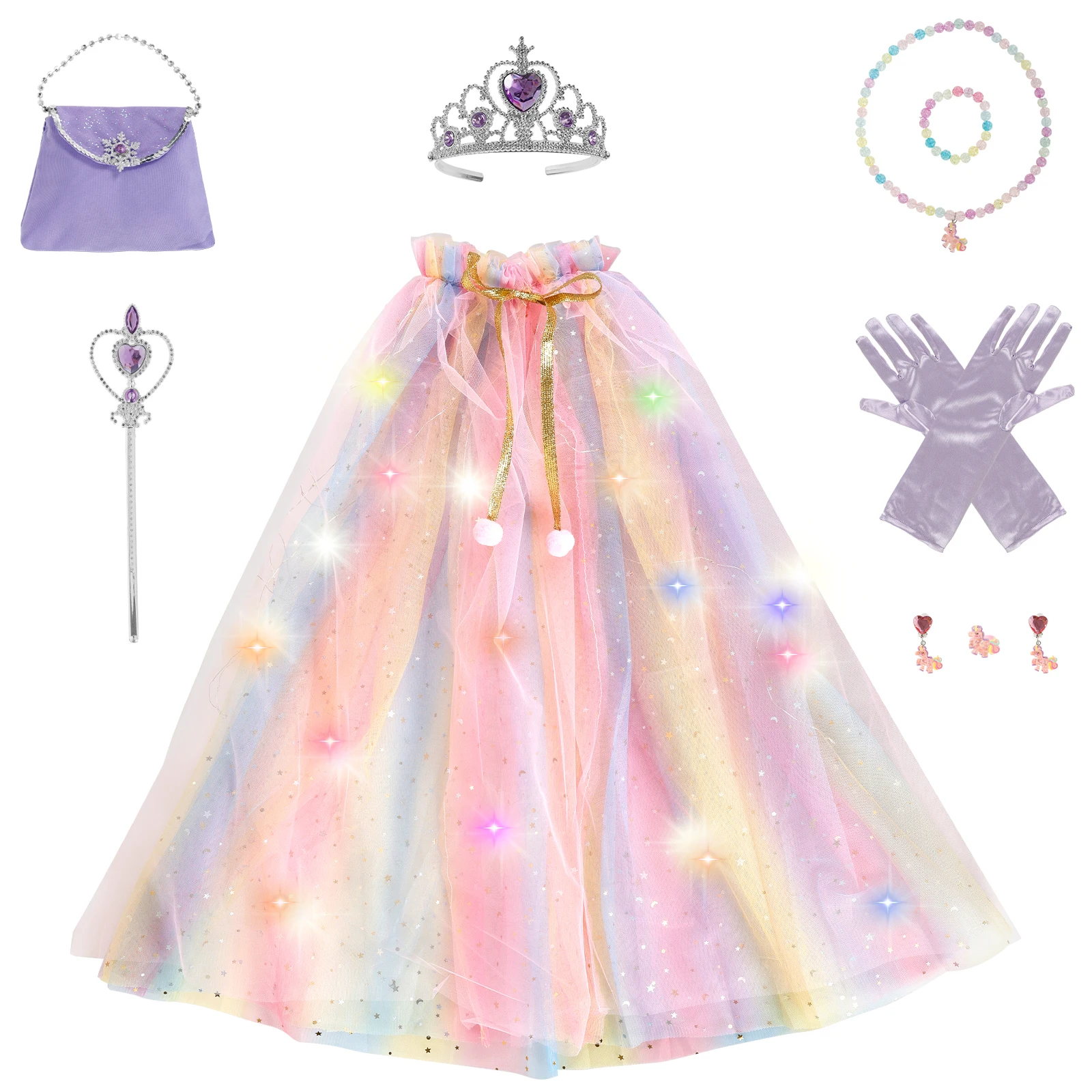 

11 шт., накидка принцессы, комплект одежды с подсветкой, нарядная одежда принцессы, игрушки с волшебной палочкой, корона, украшения для девочек, подарки