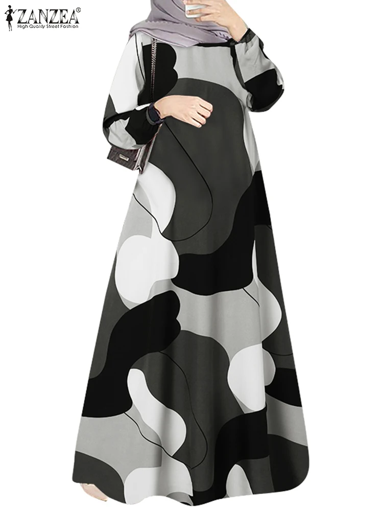 ZANZEA Muslim Fashion Color Block Long Dresses Women Elegant O Neck Long Sleeve A-line Vestidos Casual Loose Islamic Abaya Robes