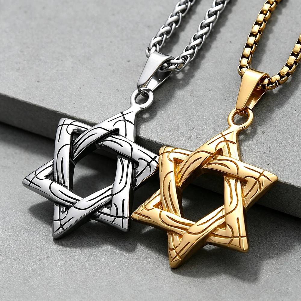 Davidstern Hexagramm Anhänger Halskette Unisex Vintage Gothic Biker Jüdischer Rock Talisman Edelstahl Schmuck Geschenke Dropshipping – Detail 2