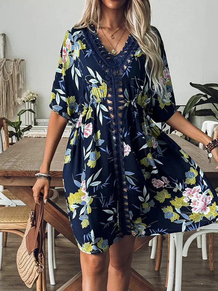 ผู้หญิงดอกไม้สีฟ้า V คอสั้นแขนสั้นโครเชต์ Beach Smock ฤดูร้อนเอวสูง Hollowed Out Holiday Midi ชุด Bohemian Chic