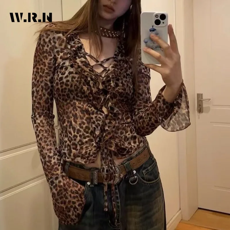 2024 Summer Hotsweet Style Hollow Out Lace-up Long Sleeve Blouses Women Casual Gyaru Leopard Print Fashion Coquette Thin Shirts