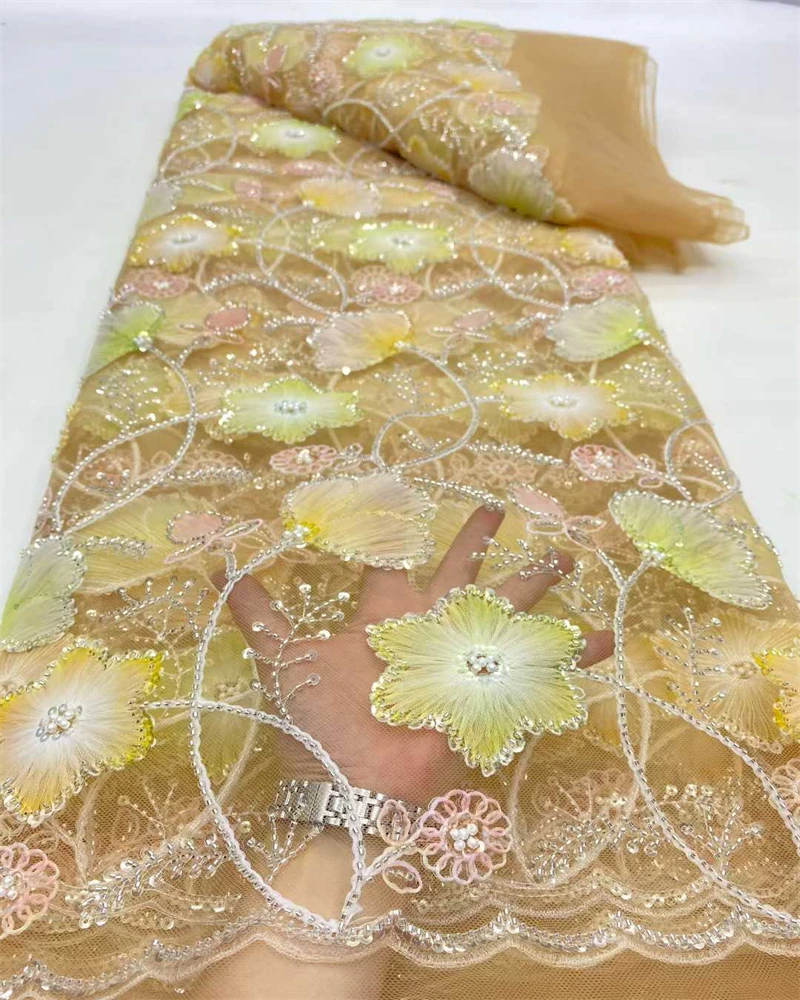 Tecido de renda líquida de lantejoulas francesas 2025 de alta qualidade 3D africano nigeriano bordado tule festa tecido de renda
