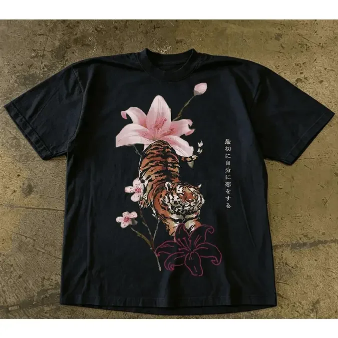 Men's Women's Soft Short-Sleeve Cotton Graphic T-Shirt - Asian Japanese Style Cultural Floral Tiger Lily Cherry Blossom Print, Round Neck Casual Unisex Summer Top, Urban Streetwear to Pair with Jeans