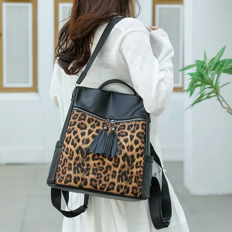 Mochilas de moda de PU con cremallera, diseño de estampado de leopardo de gran capacidad, bolsos de bolsillo con cremallera Interior de alta calidad 2025 para mujer