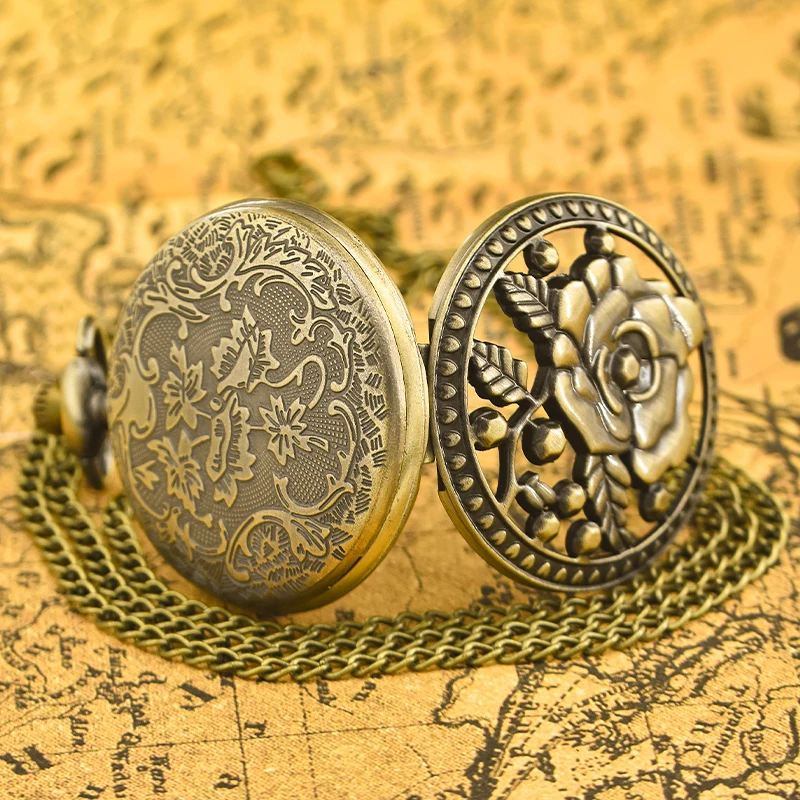 Винтажные бронзовые креативные Резные кварцевые карманные часы-Раскладушки с вырезами и цветами на ожерелье модный подарок для девушки студента