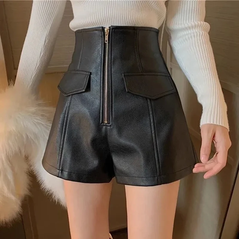 

Black Pu Leater Zipper Shorts Women Fashion High Waist Sexy Classic Shorts Casual Chic Streetwear Harajuku Y2K Dance Shorts