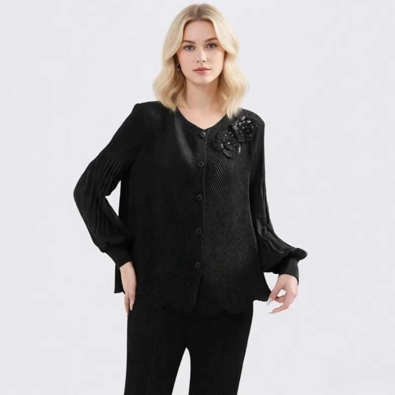 

Женская плиссированная футболка Miyake, новинка 2026, однобортный кардиган с длинными рукавами, топы, повседневная универсальная простая одежда большого размера