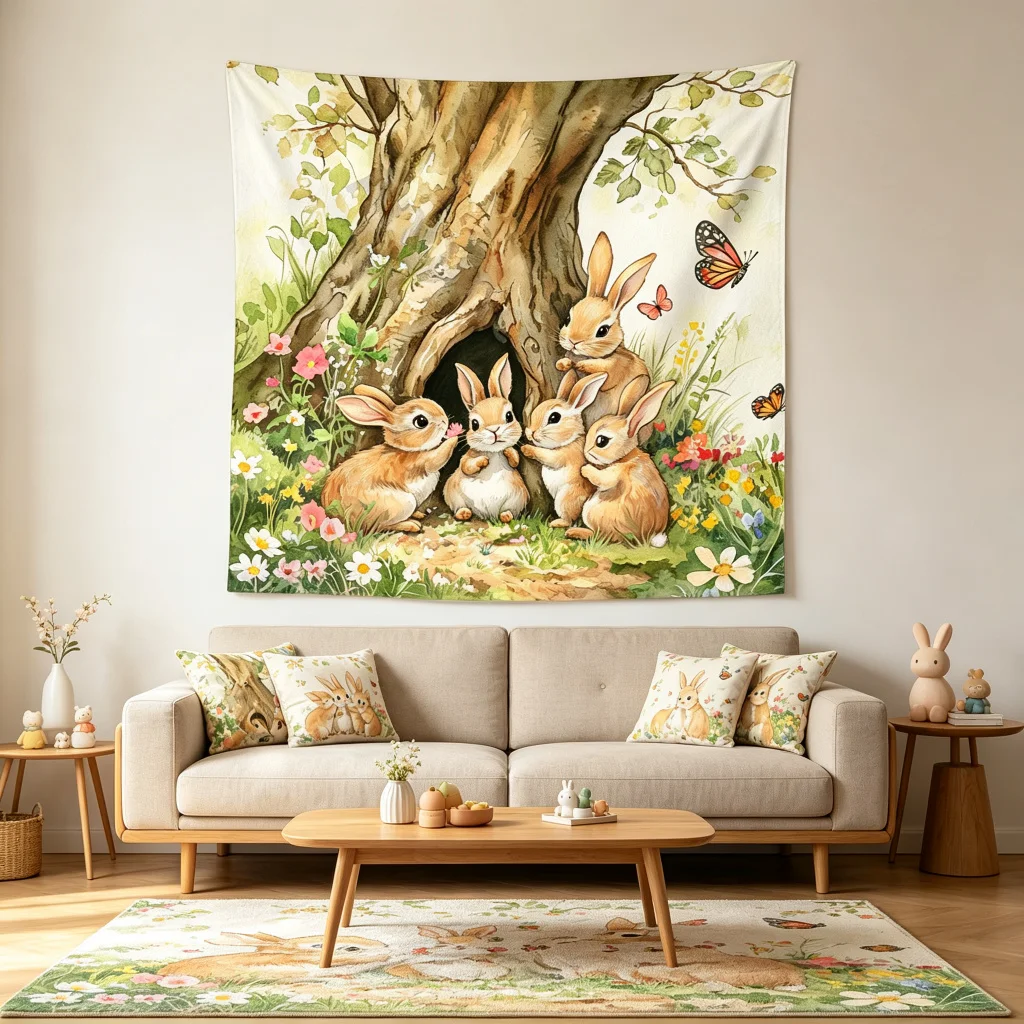 1PC Five Rabbit Tree Hole Art Print Backdrop Banner, Bedroom Living Room Photo Background, Polyester, Home Decor, Wall Art