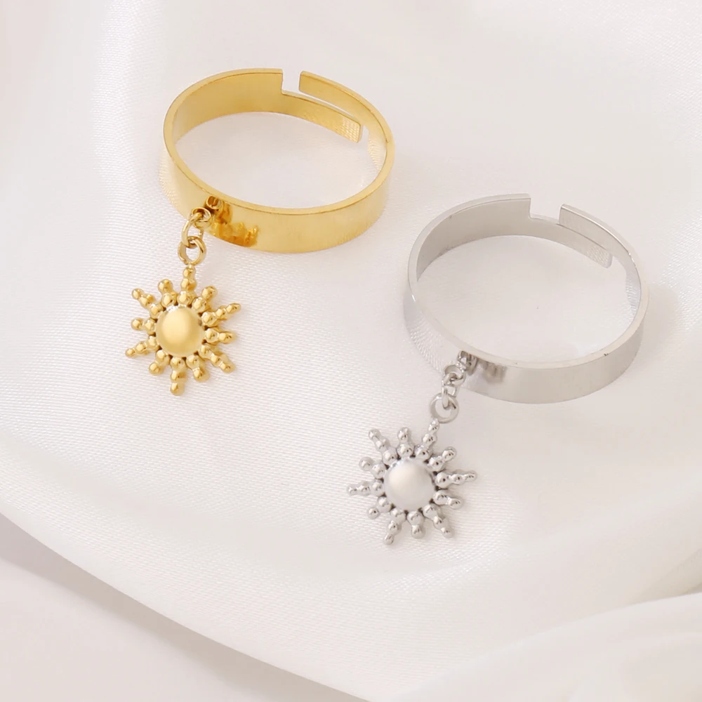 316L Stainless Steel Sun Pendant Open Rings For Women Fashion Gold Color Sun Adjustable Ring Jewelry Gift