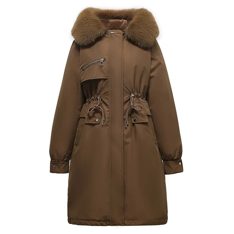 

Winter Female's Parka Jacket Drawstring Detachable Faux Fur Trimmed Hood Women's Padded Coat Long Minimalsit Coat For Lady