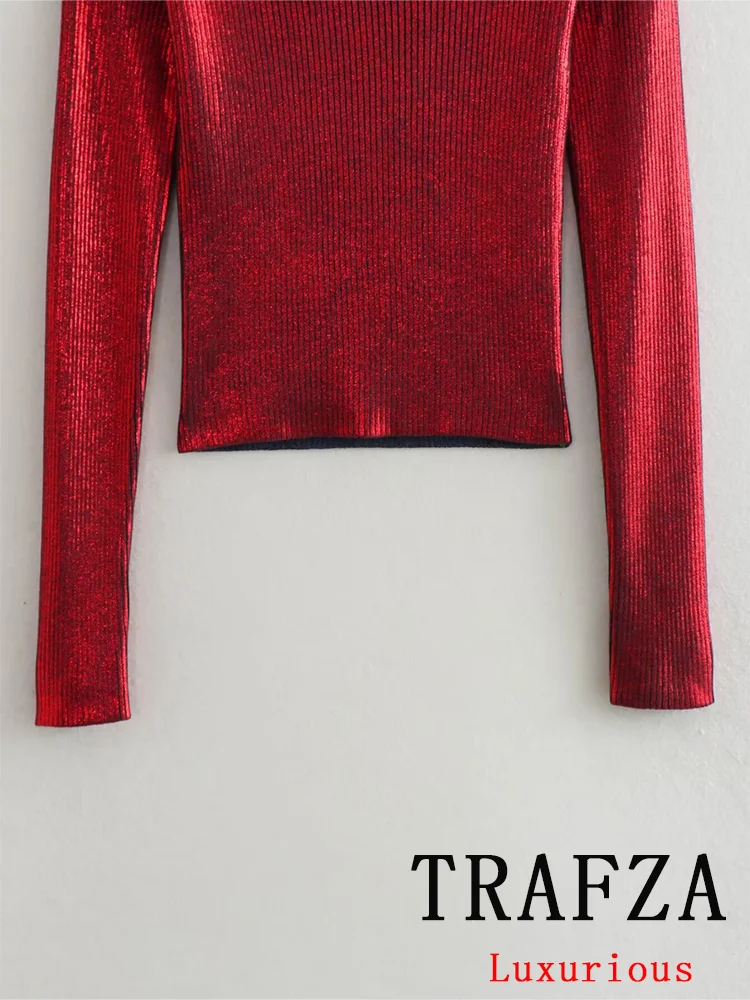 TRAFZA Vintage Sexy Chic Red Women Solid Tops Long Sleeve Slash Neck Tops New Fashion 2024 Autumn Evening Party Casual Tops