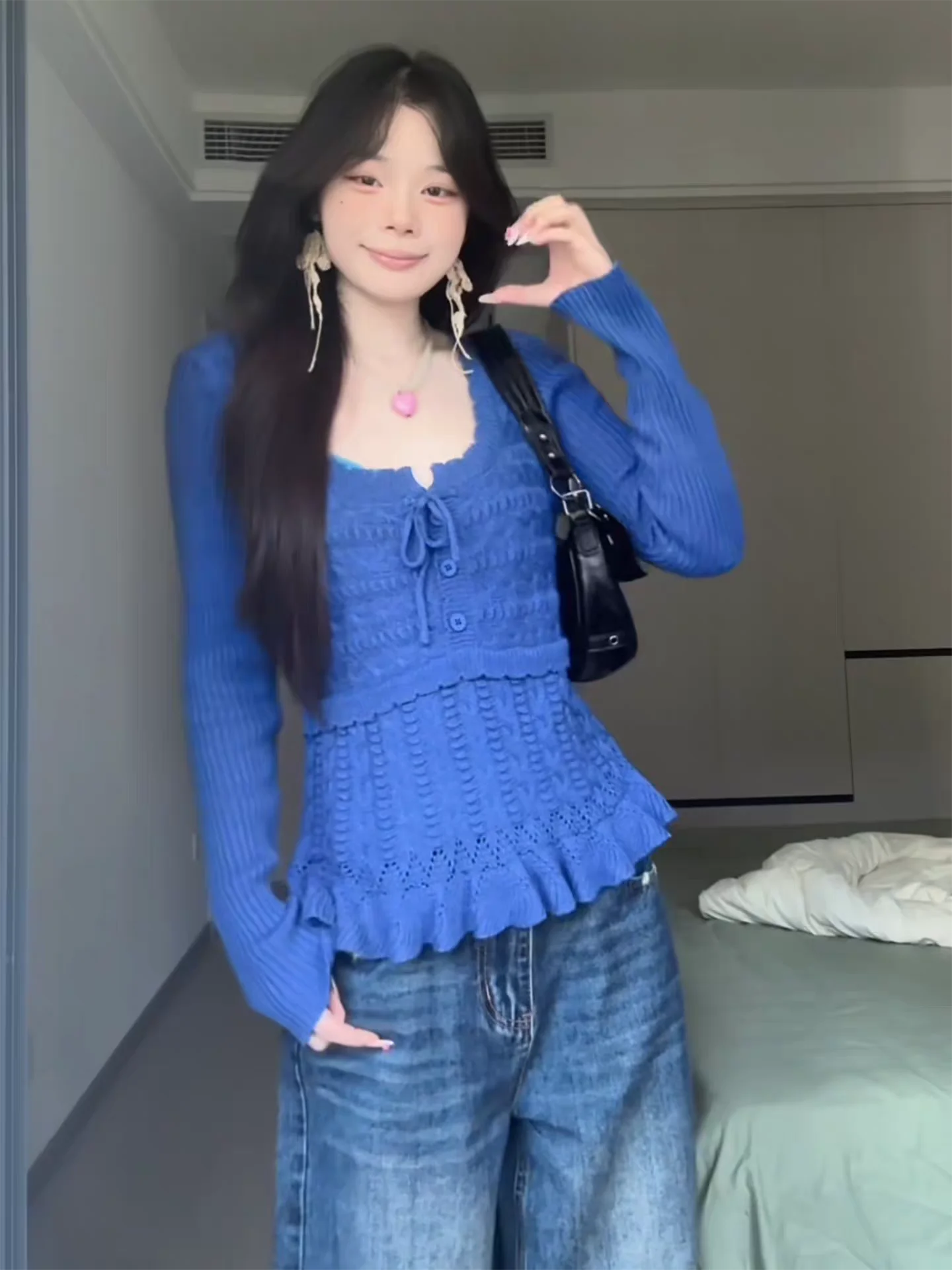 Korean Style Blue Knitted Tie Waist Double Layered Texture Splice Women's Slim Fit Overhead Top City Walk Long Sleeve Pure Color