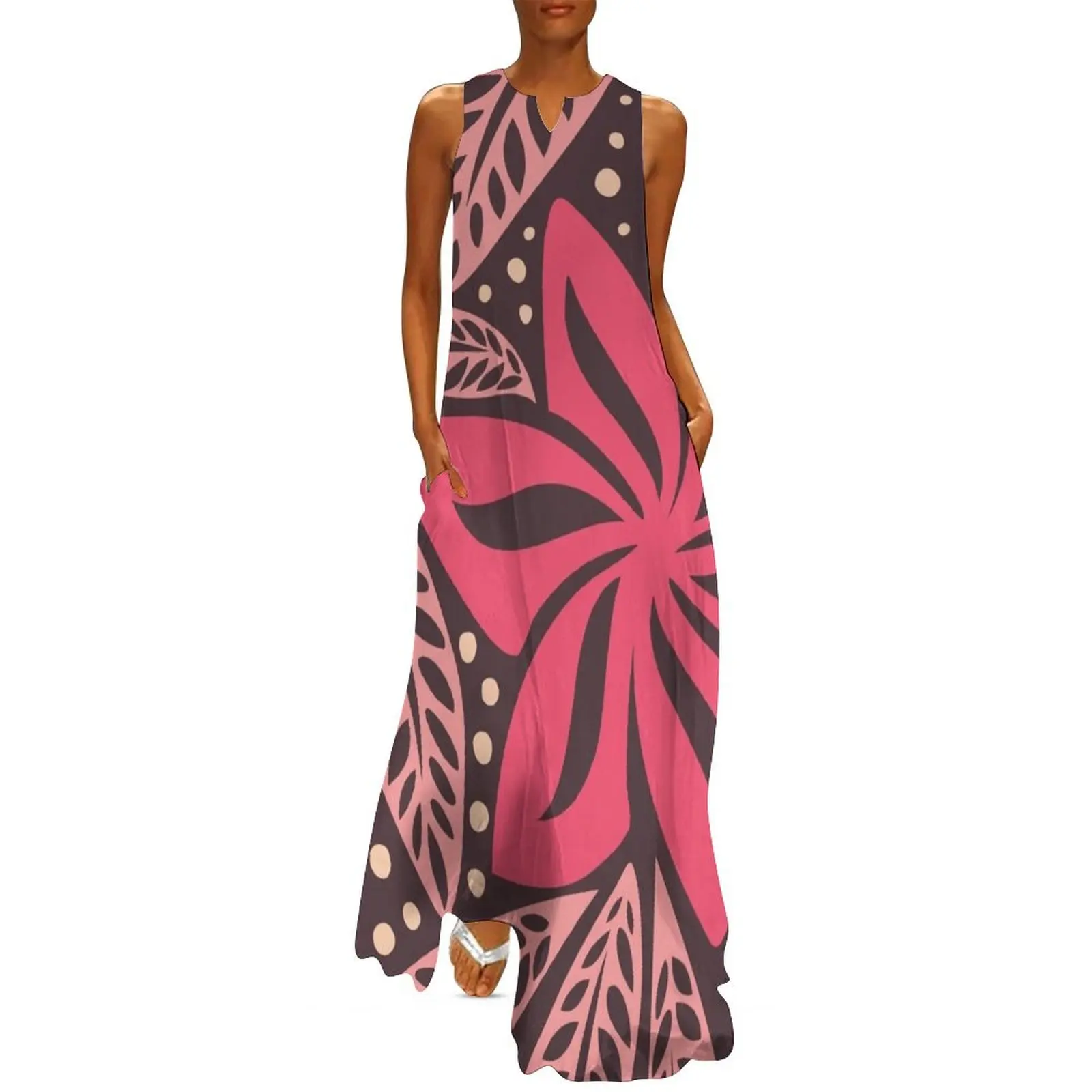 

Polynesian Hawaiian big flower pink aubergine floral tattoo design Long Dress Elegant gowns Dress