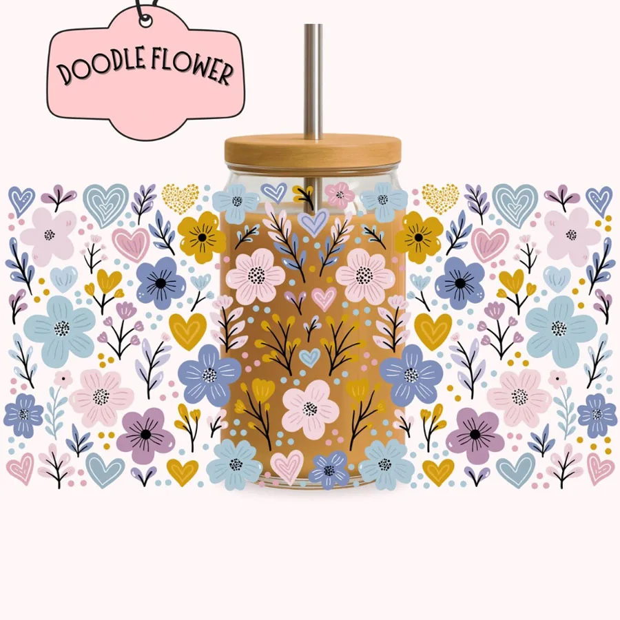 Retro Doodle Blumen Sommer DIY UV DTF Abzieh-Transferaufkleber für 16oz Libbey Glas Eiskaffeebecher, Flaschen- und Tumbler-Dekoration