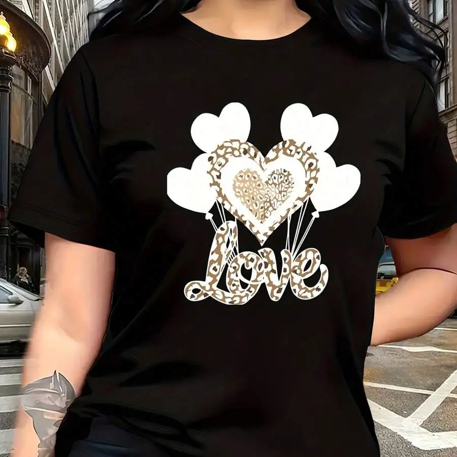 Women's Crew Neck Short Sleeve Casual Daily T‑Shirt Black And Golden Heart And Leopard Print Tee Top