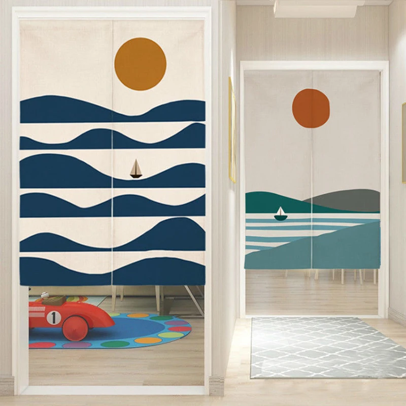 Nordic ผ้าม่านประตู Simple Ocean Red Sun พาร์ทิชันในครัวเรือนผ้าม่านห้องนั่งเล่นห้องนอนห้องน้ําห้องครัว Lampblack ผ้าม่าน