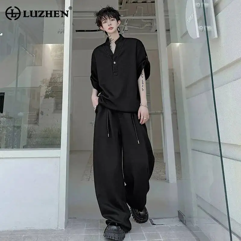 

LUZHEN 2026 Summer Solid Color Two-piece Sets Men Fashion Handsome Baggy Straight Casual Pants Short Sleeve Male T-shirts JY7027