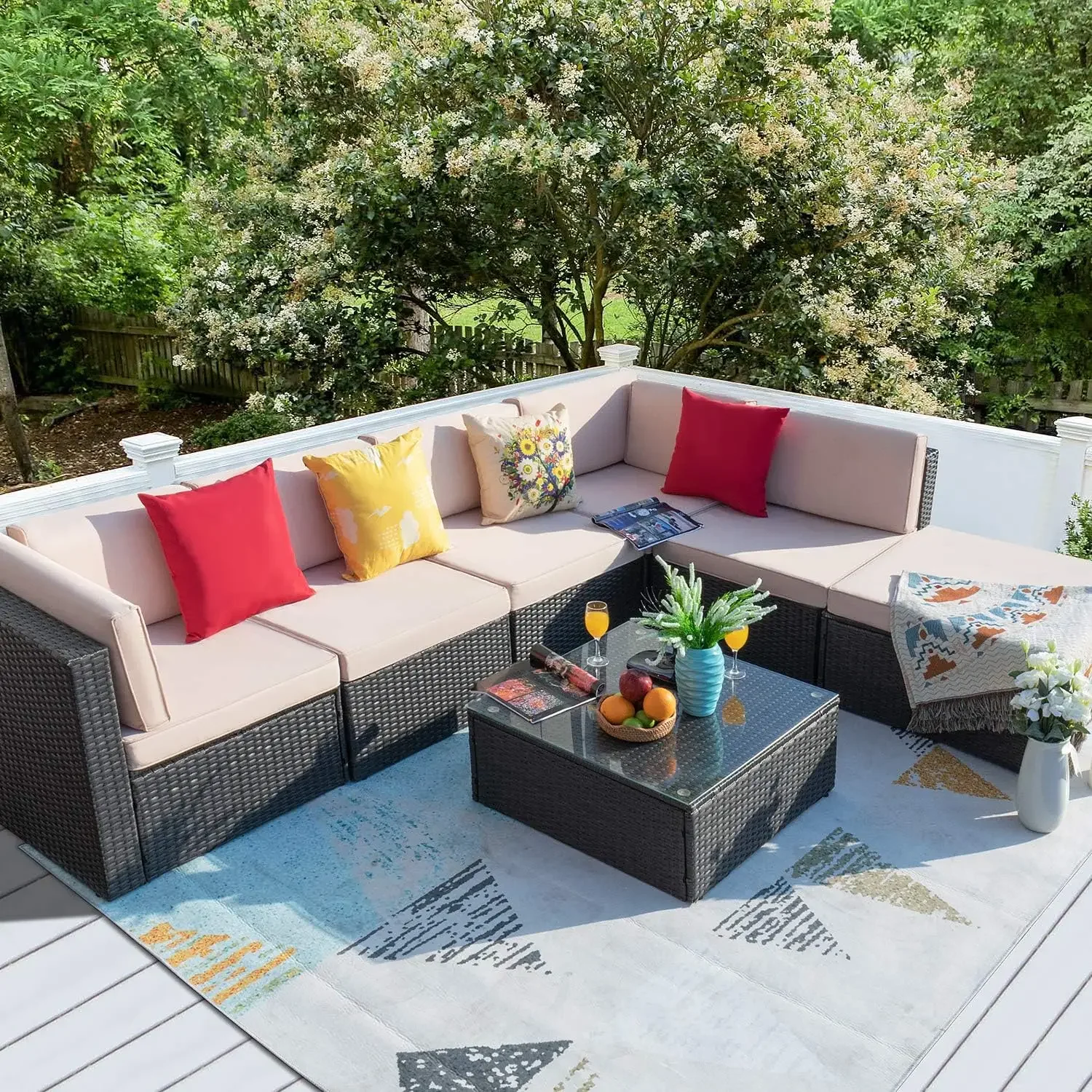 

7 Pieces Patio Outdoor Furniture Sofa Set, All Weather PE Rattan Wicker Sectional Sets Modern Modular Couch Outside