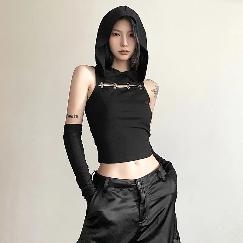 

Korejpaa Gothic Tank Women Spicy Girl Chic Hooded Vest Slimming Metal Buckle Sexy Tops Streetwear Ropa De Mujer Y2k Tops
