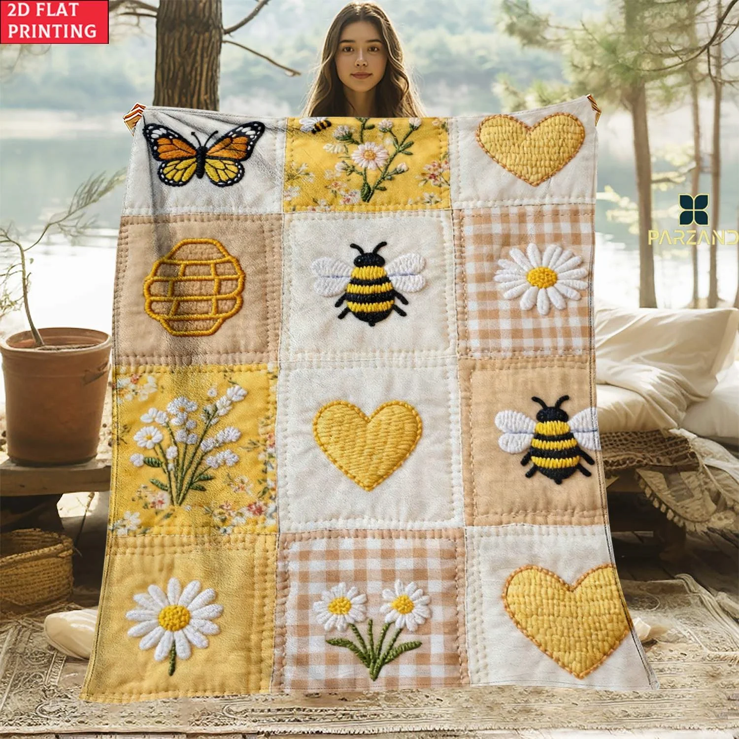 2D Flat Printing Bee Daisy Butterfly Faux Embroidery Soft Flannel Throw Blanket Warm Cozy Sofa Bed Home Decor Gift Blanket