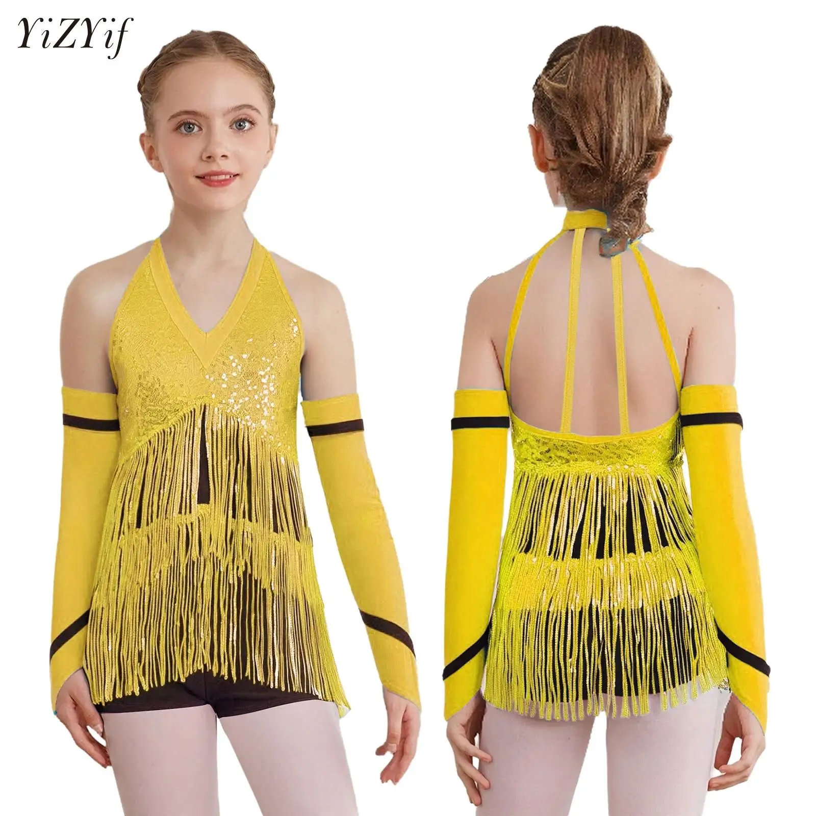 Vestido de leotardo de baile latino con borlas para niñas y niños, mono con flecos de diamantes de imitación + guantes, trajes para actuación de patinaje de Tango ChaCha Salsa
