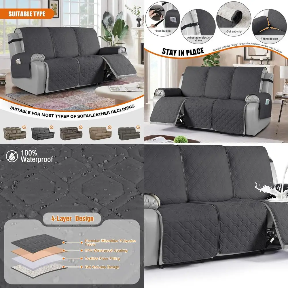 

Водонепроницаемый 3-местный чехол для дивана с откидной спинкой, моющаяся нескользящая защита для дивана с карманом для домашних животных темно-серого цвета