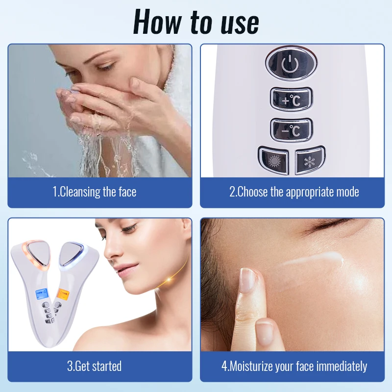 Urządzenie do pielęgnacji skóry z funkcją ciepłego i zimnego kompresowania, wibracjami sonicznymi, światłem czerwonym i niebieskim, poprawiające matowość, oczyszczające pory i wygładzające skórę.