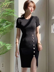 H Han Queen Hot Sale Fashion Button Split Elegant Sheath Bodycon Pencil Dress Office Party Dresses Elasticity knitted Vestidos