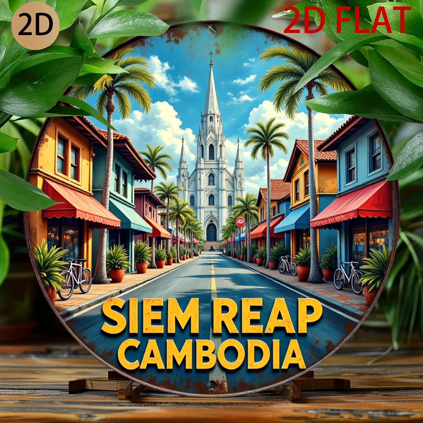 Siem Reap Cambodia Retro Street Scene Metal Wall Art - Angkor Wat Tropical Cityscape with Cambodian Architecture - Vintage Trave