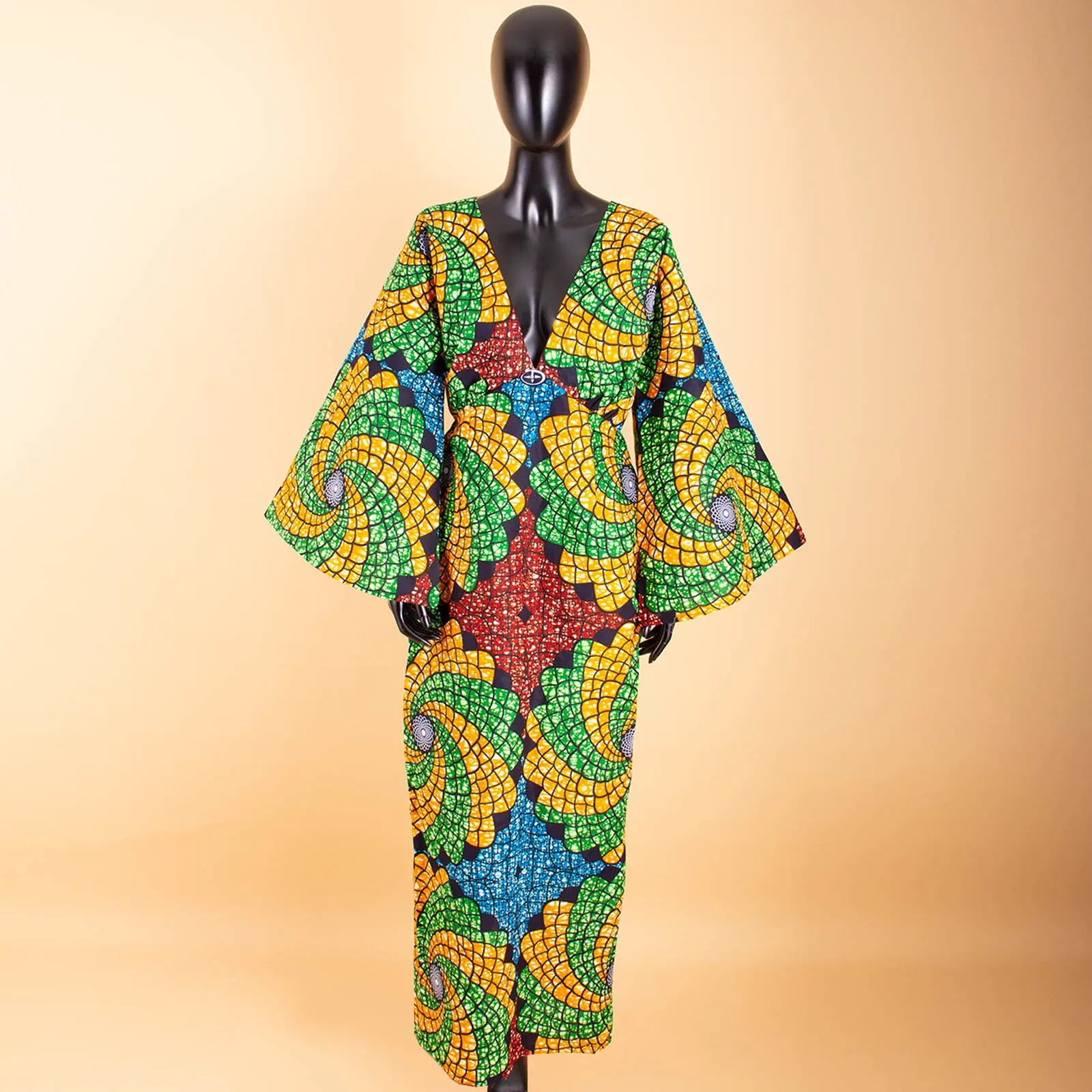 African Dresses for Women Maxi Dress AFRIPRIDE Flare Sleeve V-neck Font and Back Ankle-length African Cotton Dress A7225107