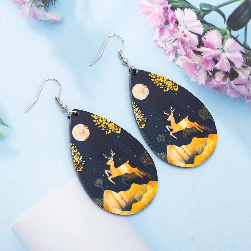 Water Drop Acrylic Earrings For Women Vintage Trend 2026 Auspicious Style Gold Color Deer Pattern Daily Wear Lightweight Jewelry
