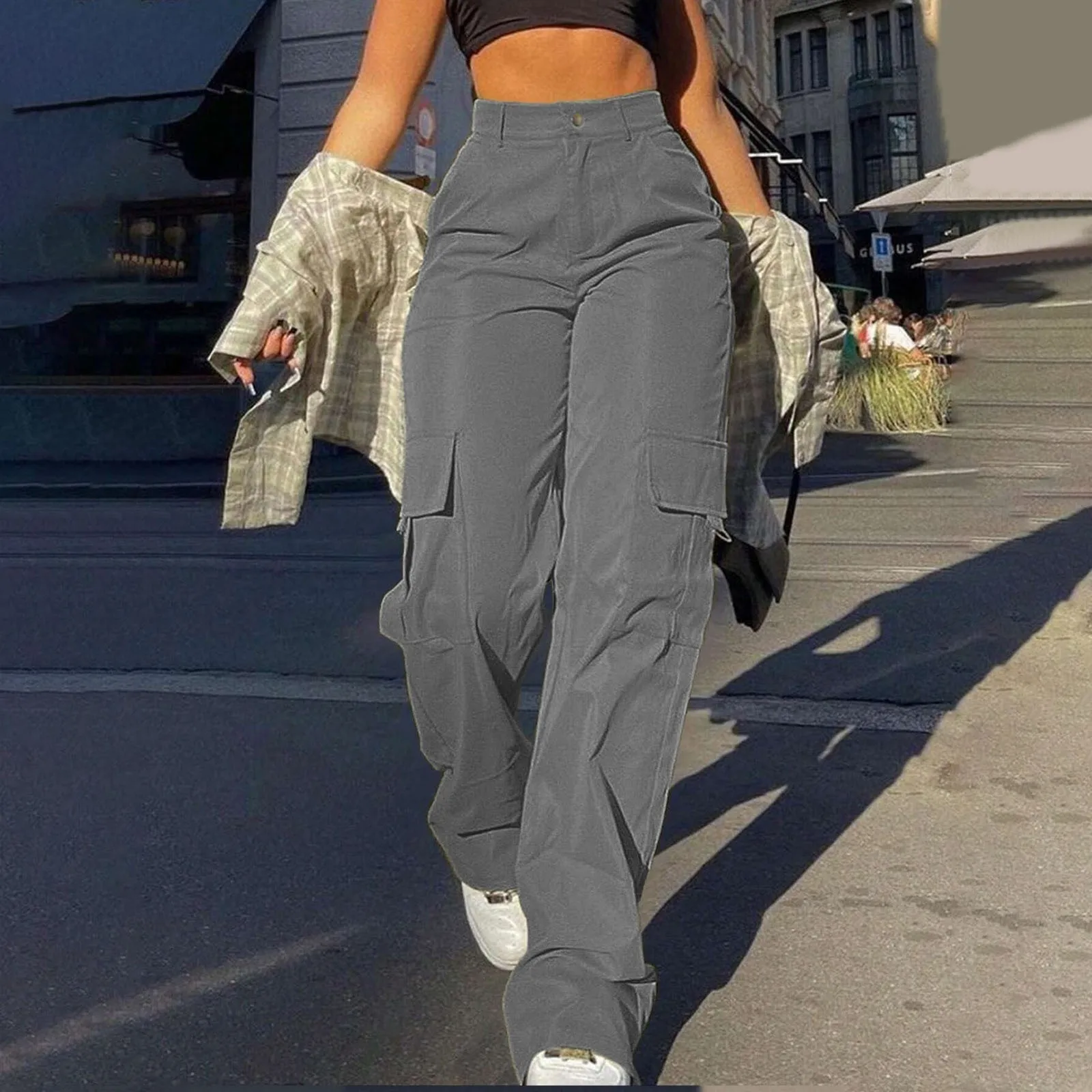 Ladies' Street Fashion Multi Pocket Cargo Pants Summer Solid Color Straight Leg Pants High Waist Slimming Loose Fit Cargo Pants