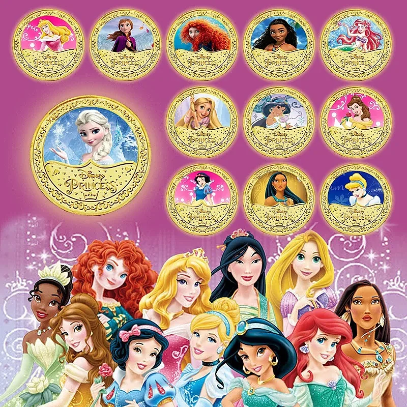 Moneda conmemorativa de princesa Disney, Blancanieves, Anna, Elsa, figura de acción, moneda de Ariel, Bella, adorno de dibujos animados lindo, regalo para niños