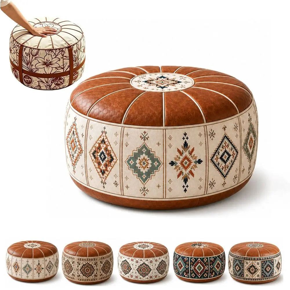 Boho Pattern Ottoman Pouf PU Leather Fillable Design Footstool Cover Large Opening Water Resistant Round Pouf Cover Living Room