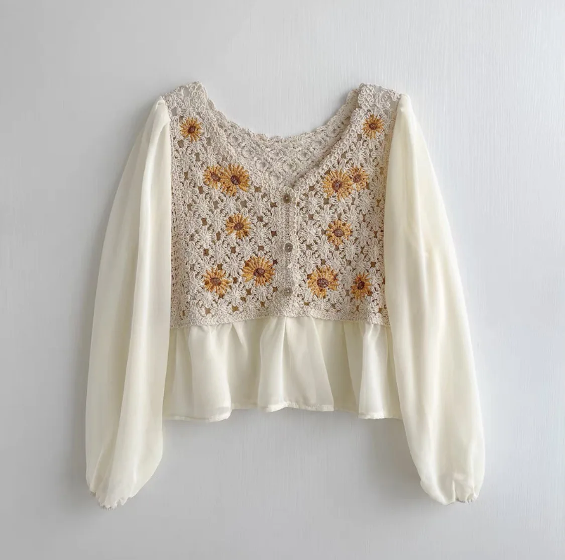 Crochet Top Chiffon Flower Embroidery Daisy Long Sleeve Button Front Fake Two-Piece Blouse Spring Summer Fairycore Cottagecore