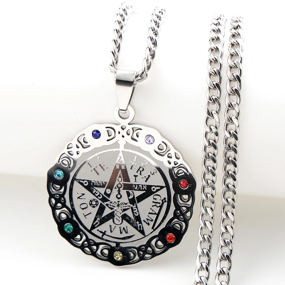 Tetragrammaton Pentagram 7 Chakra Jewish Necklace for Women Men Stainless Steel Triple Goddess Rhinestones Amulet Chain Jewelry - view 3