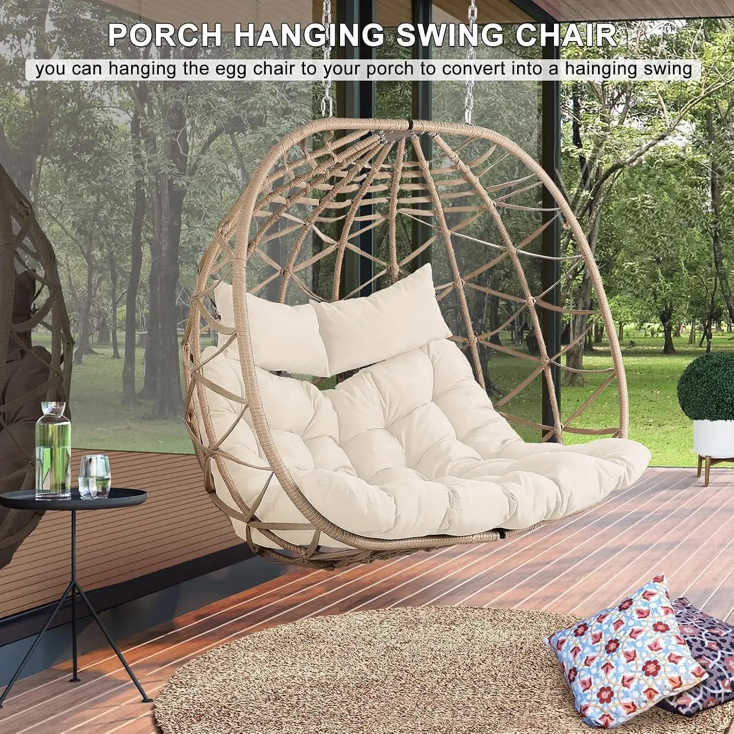 2 Person Egg Swing Chair with Stand Thick Cushions & Pillows Patio Garden Outdoor Hanging Wicker Rattan Seat, Customized - view 4