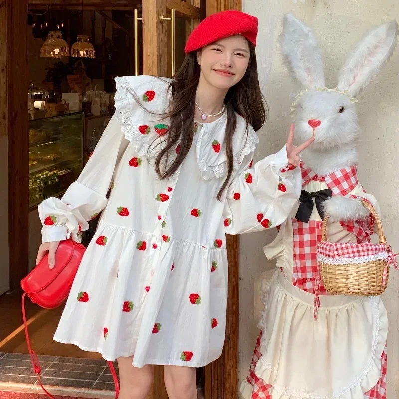 Kimotimo Sweet Embroidery Strawberry Lace Doll Collar Dress Women 2023 Autumn Long Sleeve Loose All Match Mini Dresses Casual