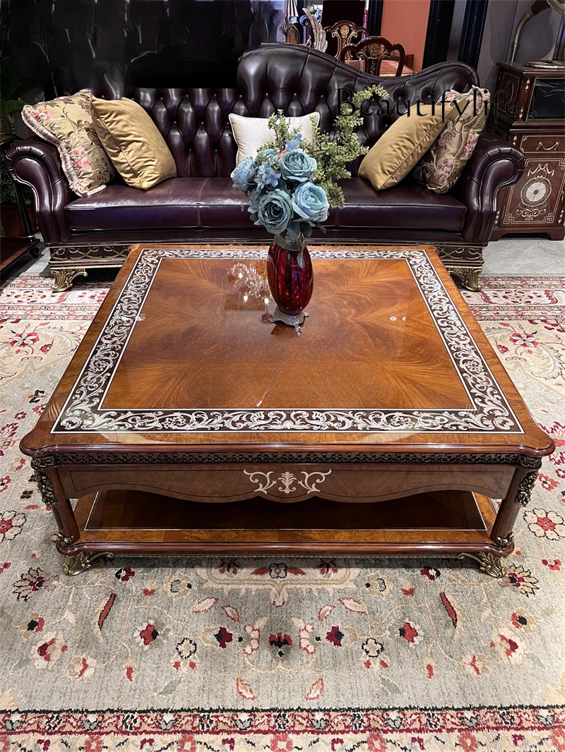 Living room household Chinese solid wood tea table villa classical square table living room English retro tea table