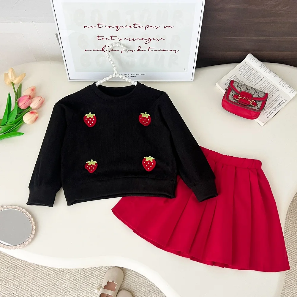 Girls Fashionable and Casual Set Autumn Strawberry Trim Black Long Sleeve Top Red Pleated Skirt Two Piece Set Clothes