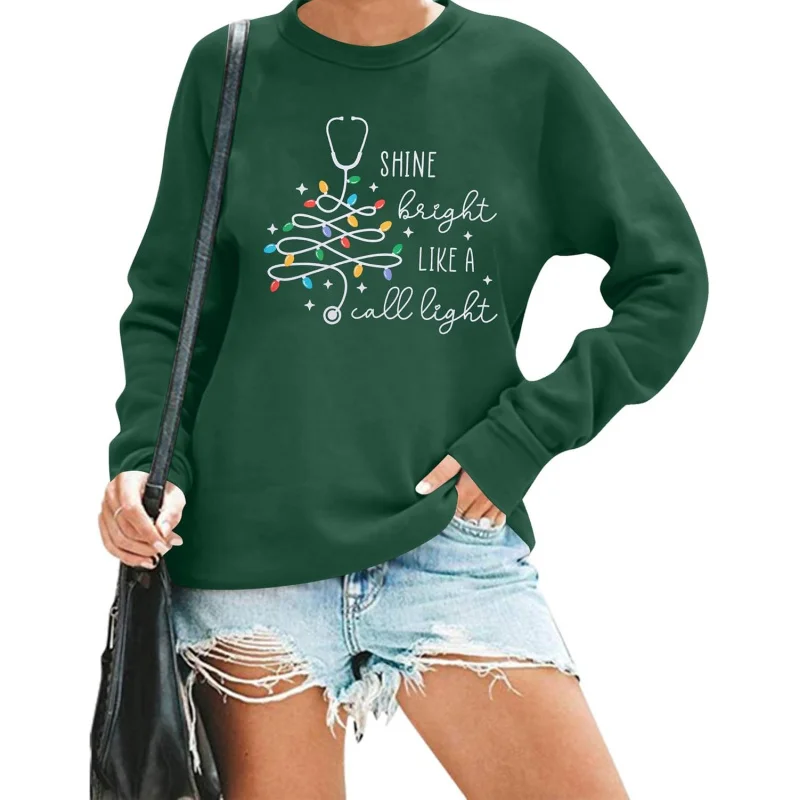 Christmas long sleeved sweatshirt shining like lightningladies\' nurse\'s day round neck pullover