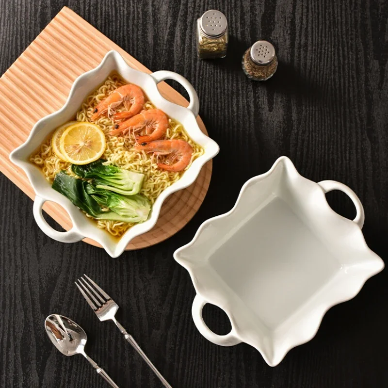 Double Ear Wave Bowl Nordic Simple Household Tableware Creative Large Capacity Ceramic Noodle Bowl Solid Color Large Soup Bowl