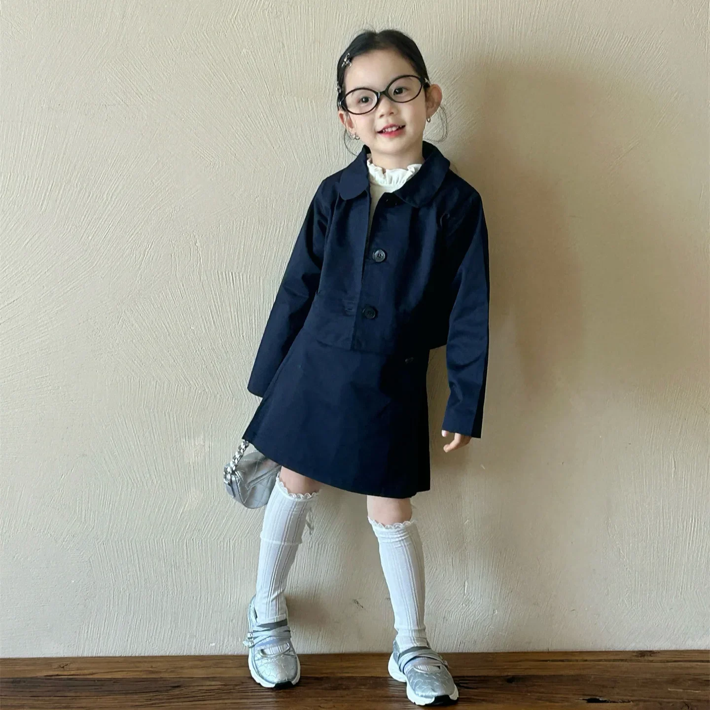 Baby Girls Set 2025 Spring New Korean Style Fashion Academy Style Simple Solid Color Short Coat Skirt Girls Two Piece Sets